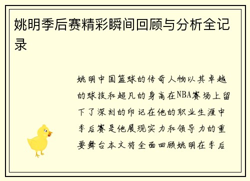 姚明季后赛精彩瞬间回顾与分析全记录